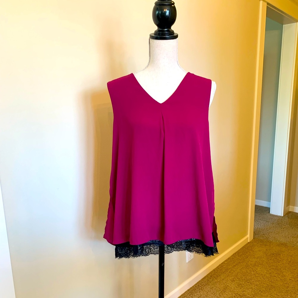 Women’s fuschia blouse with peek-a boo black lace trim